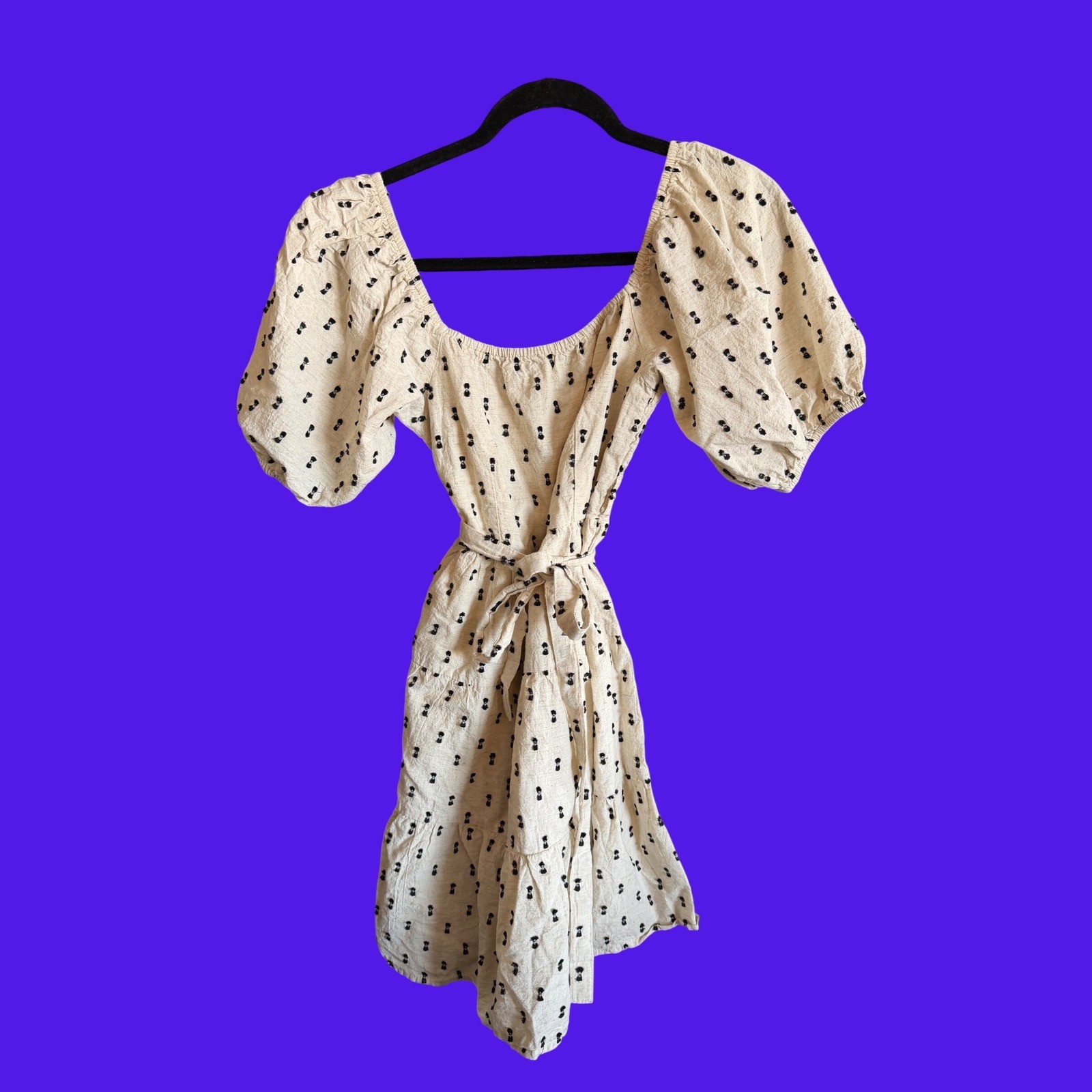 Sim & Sam Cream Black Tufted Smocked Puff Sleeve Mini Dress Medium Cottagecore
