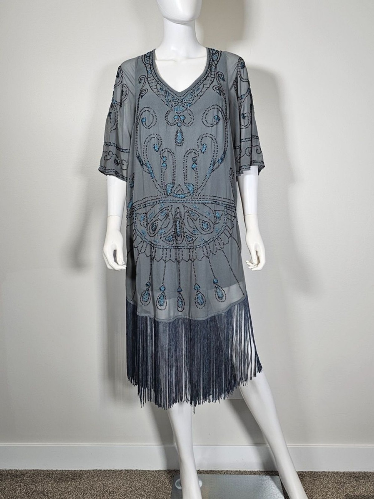 Free People Gray Blue Beaded Vintage Fringe Dress Small