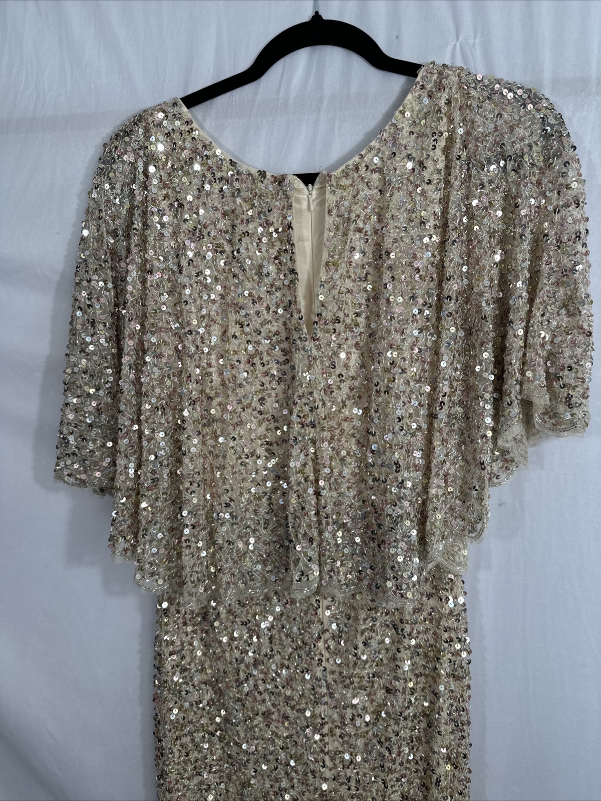 NEW $698 Mac Duggal [ 10 ] Sequined V Neck Cape Sleeve Beaded Gown Nude #Q704