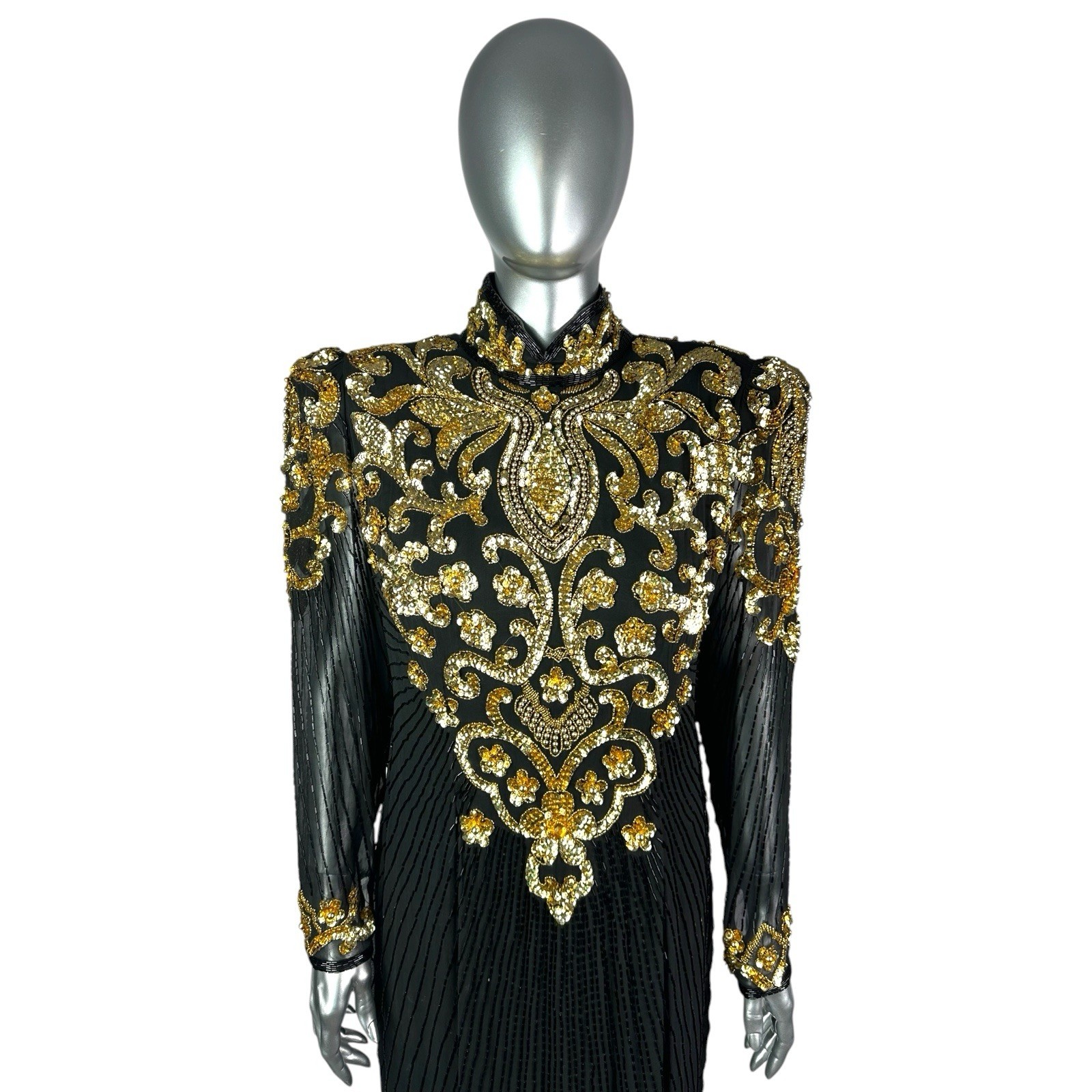 Black and Gold Beaded Evening Gown, MY FASHION Designer,Sz M/L, Vintage 1980’s