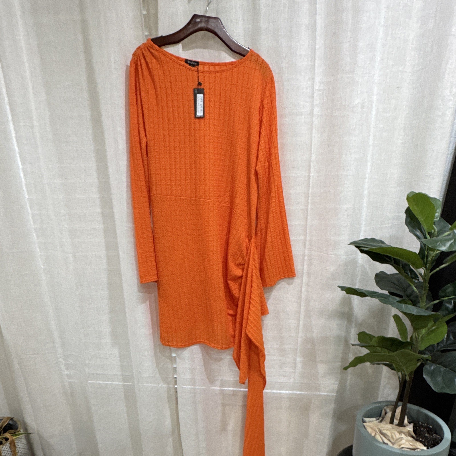 Boohoo Women’s Orange Solid Shift Midi Dress Long Sleeve Round Neck Knit US 20