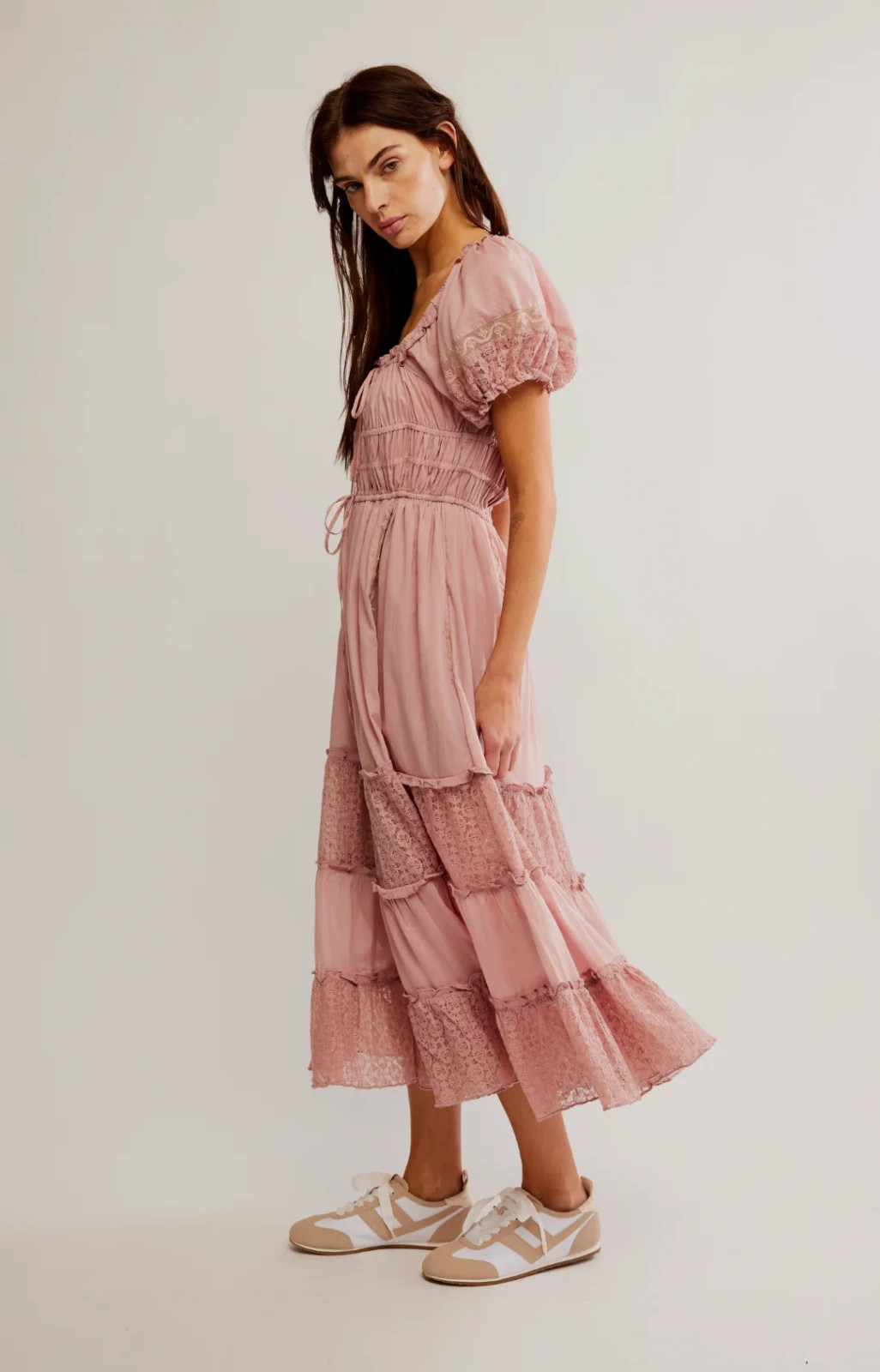 Free People Falling Sun Midi Dress M 8 Women Puff Sleeve Cotton Pink NEW 45569