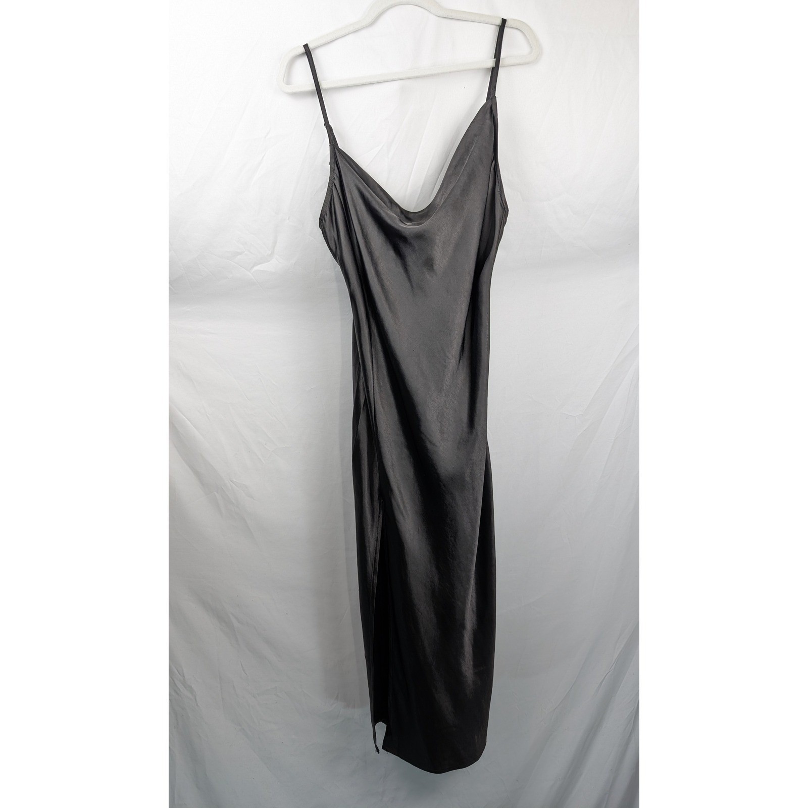 Y2K Whimsigoth Satin Cowl Neck Maxi Slip Dress Sz M Black Dark Leg Slit Romantic