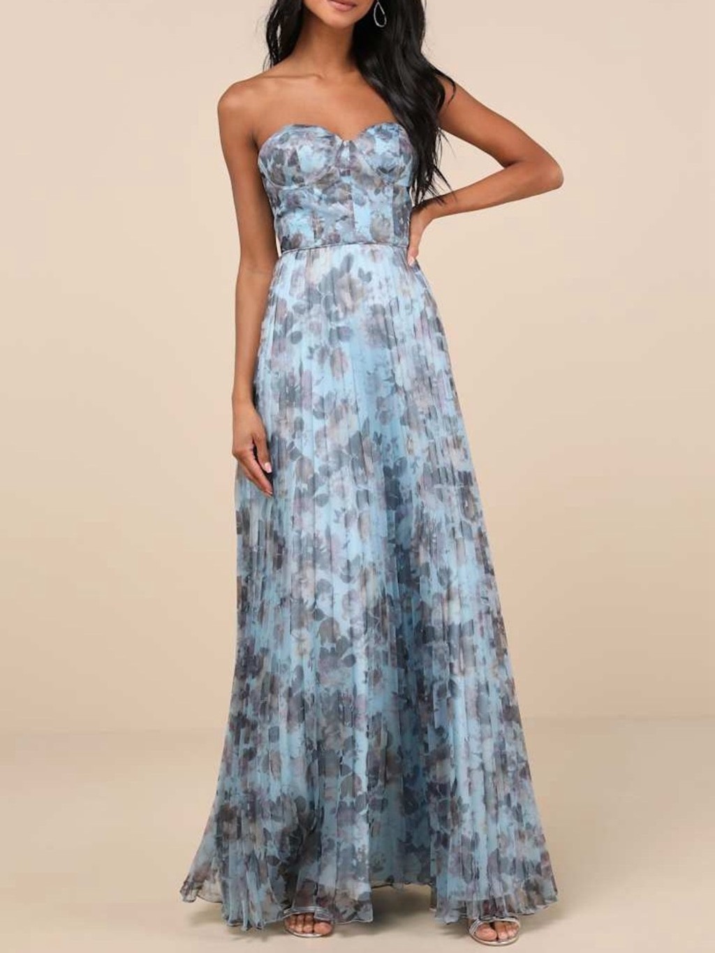 Lulu’s Strapless Blue Floral Pleated Organza Gown Most Beautiful Day Maxi Dress