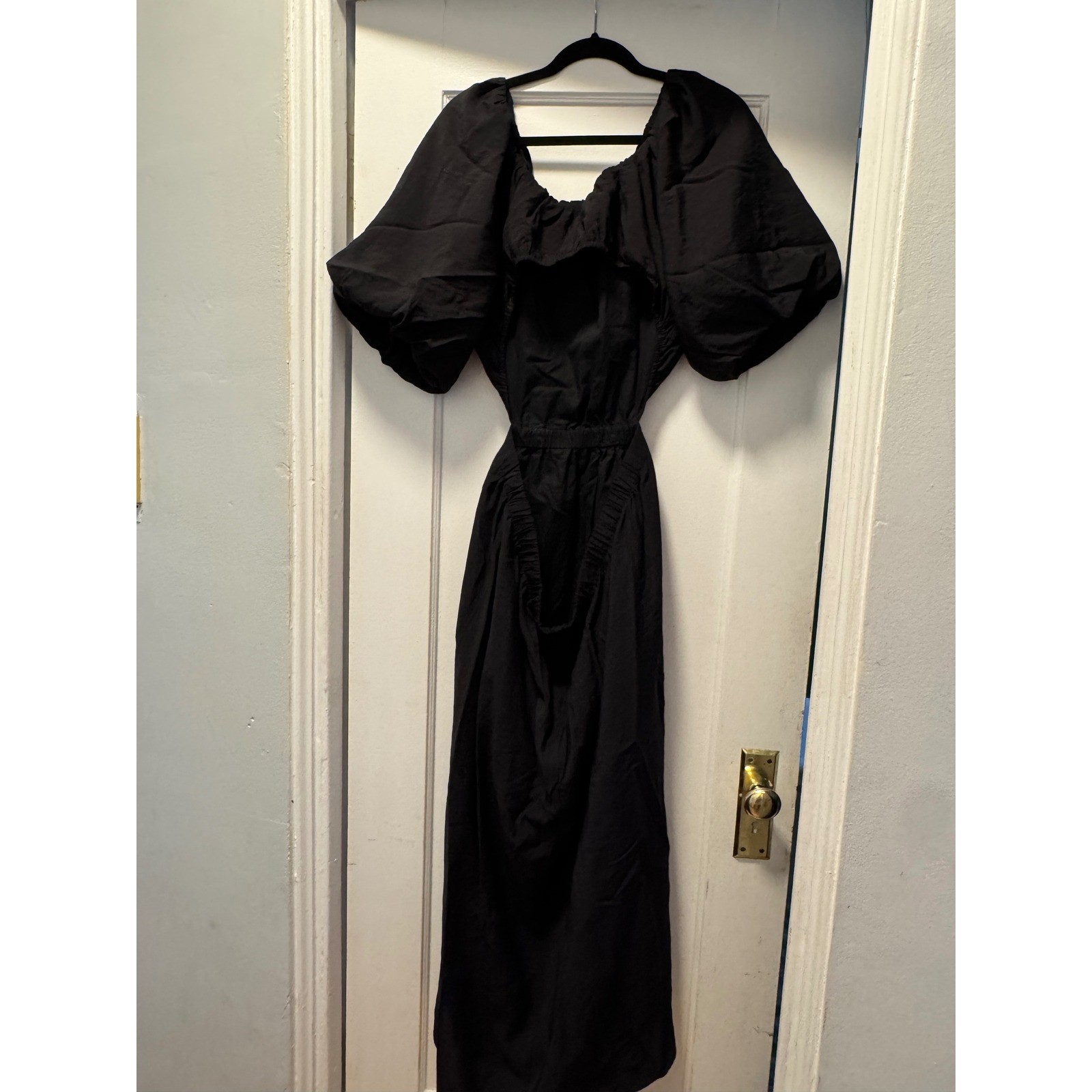 HM Black Puff Sleeve Cutout Midi Dress Womens Large Elastic Waist Viscose Blend