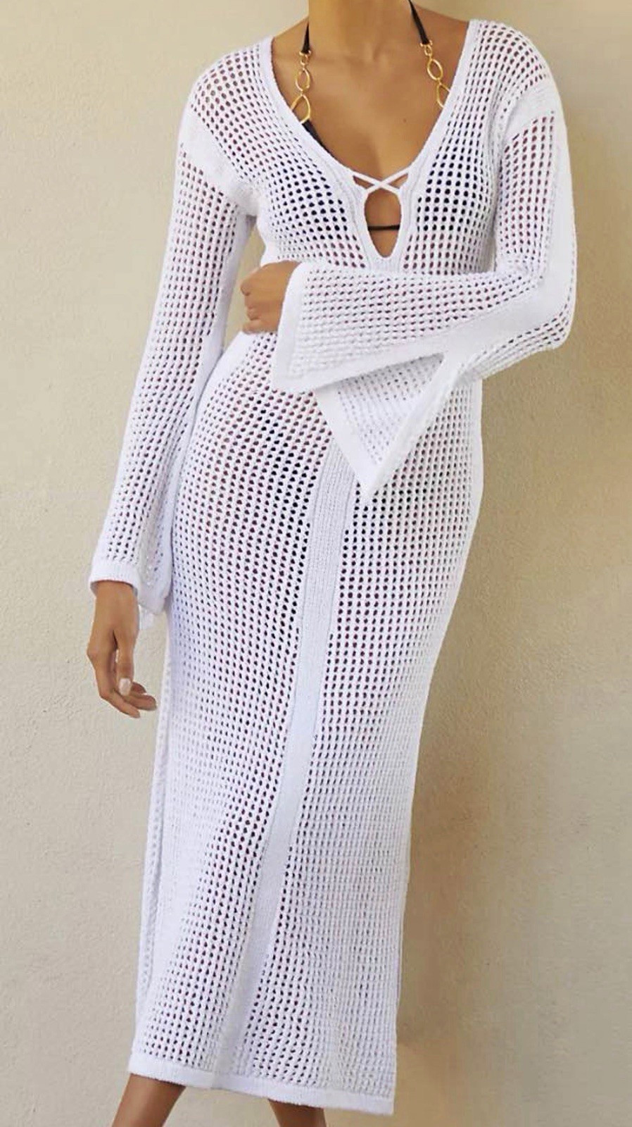 Anthropologie White Crochet Open Knit V-Neck Lace-Up Bell Sleeve Midi Dress L