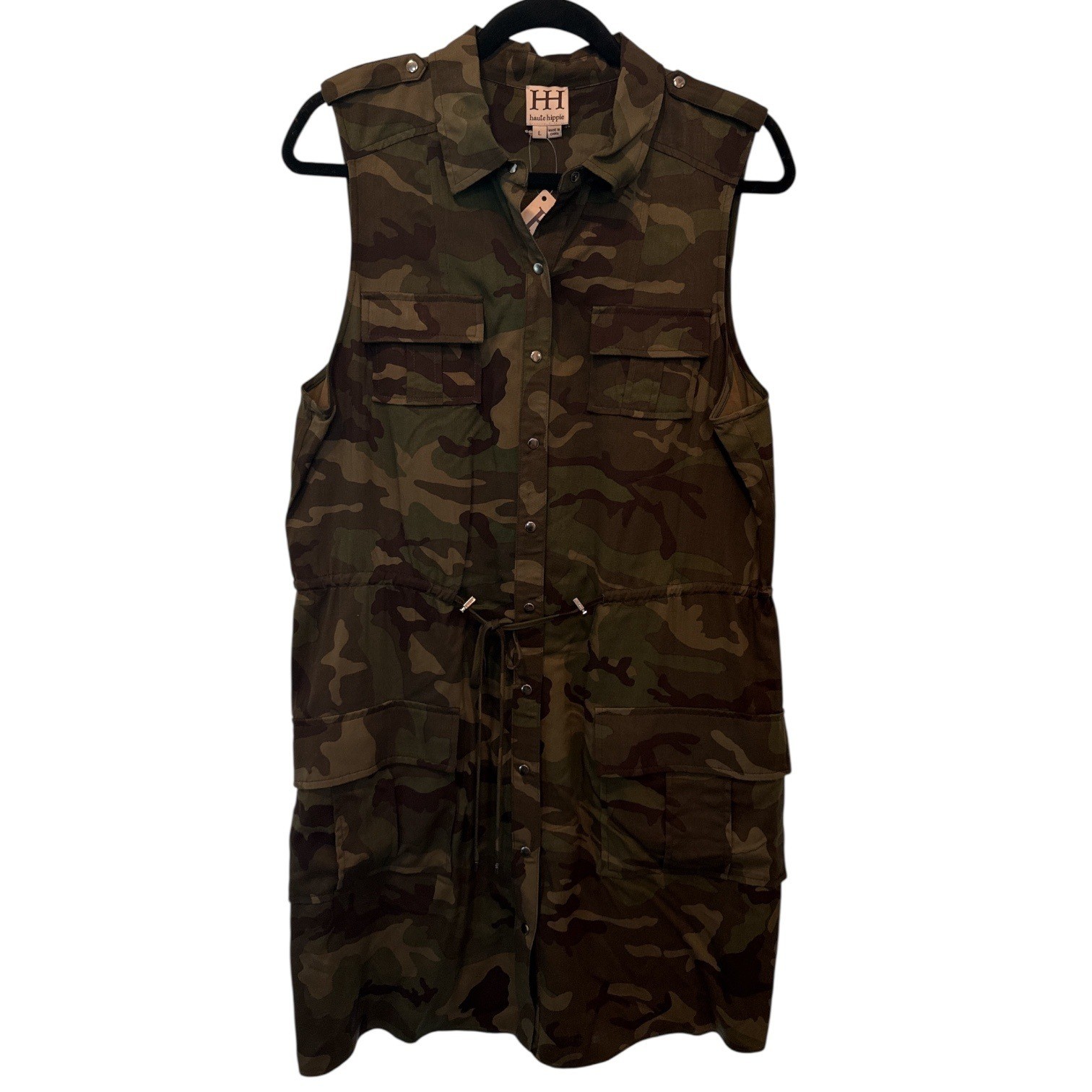 NWT Haute Hippie Camo Utility Shirt Dress 100% Rayon Sz L Streetwear Lightweight