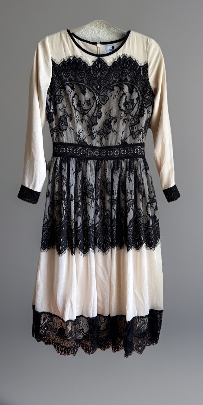 Dainty Jewels Ivory Black Lace Midi Dress Women’s Small Modest Long Sleeve