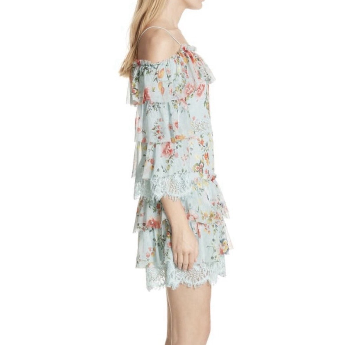 Alice + Olivia Santos Silk Floral Off Shoulder Lace Ruffle Mini Dress 4 NWT