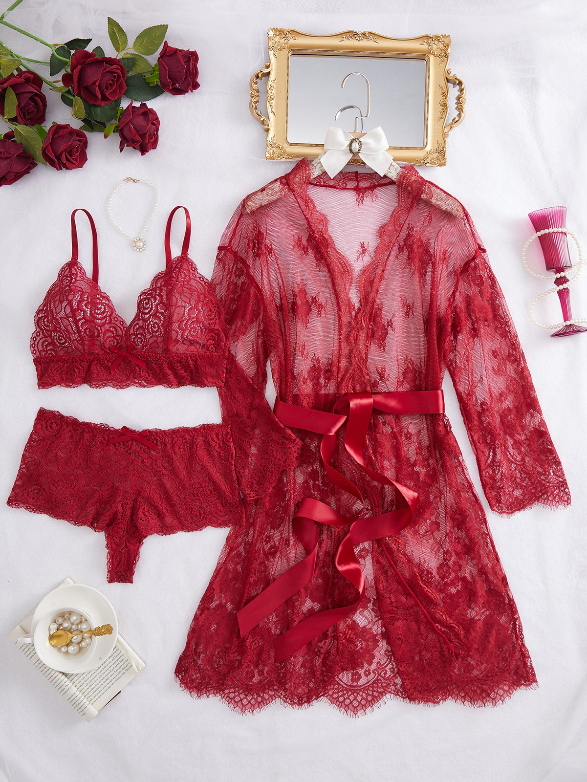 Women Sexy Lingerie Set 3 Piece Lace Kimono Robe with Lace Teddy Underwear Red