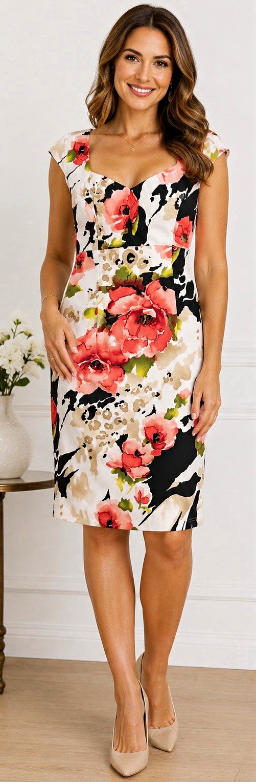 Connected Apparel Women’s Sheath Dress Sweetheart Cap Sleeve Floral Size 8