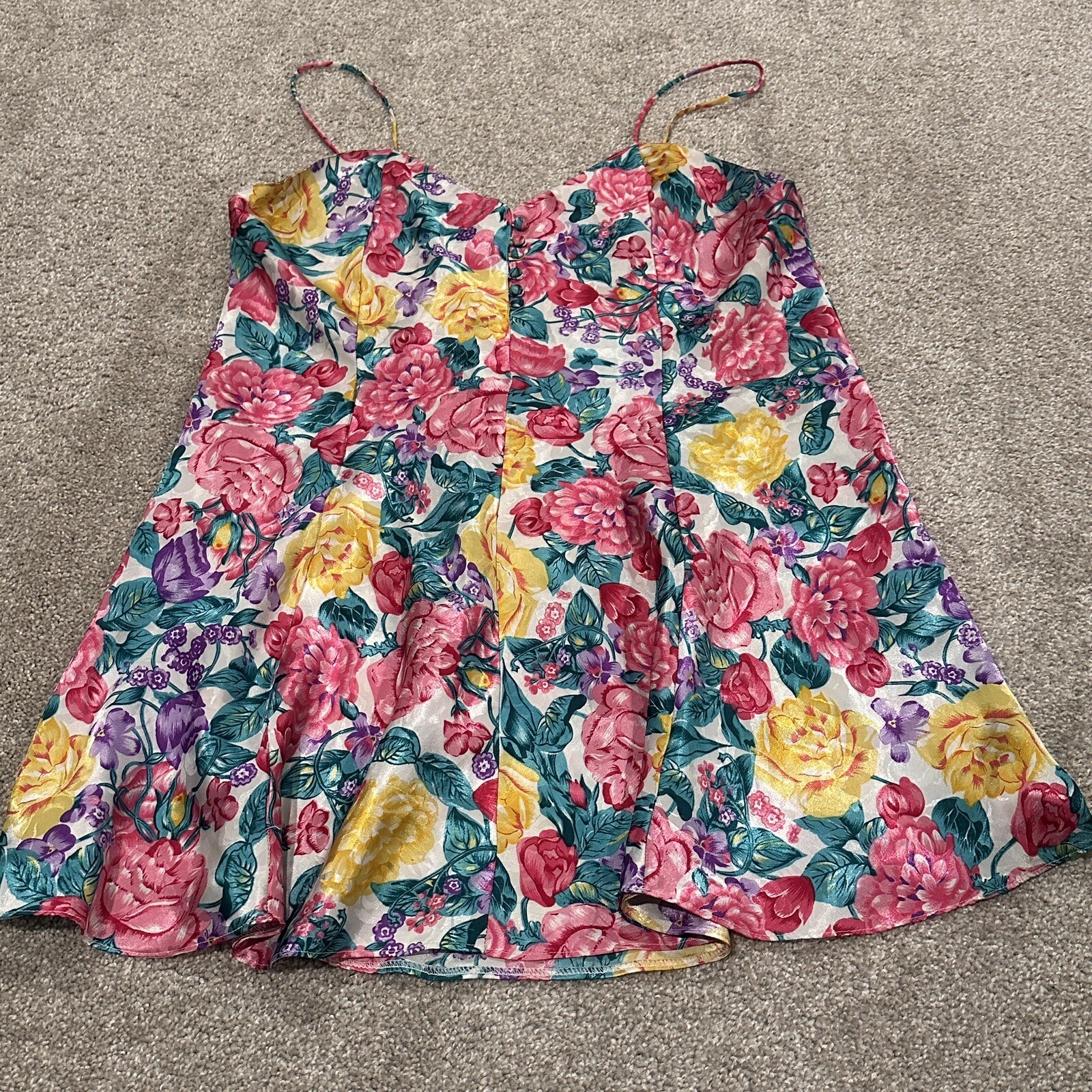 Vintage 90s Sleep Solutions Mini Dress Women’s Sz Large Multicolor Floral Satin