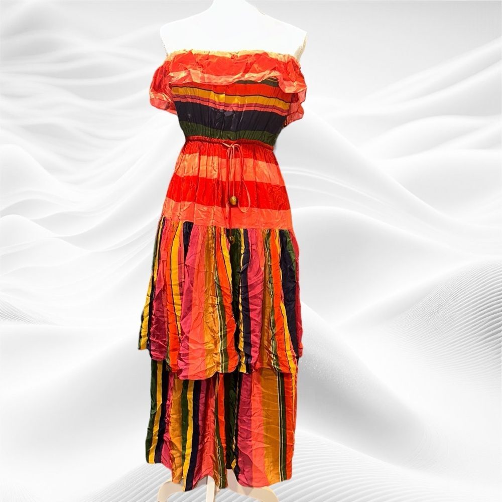 FARM Rio Strapless Tiered Midi Dress Small Red Pink Blue Green Tropical