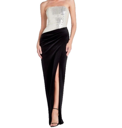 -NWT Nadine Merabi Samantha Silver Sequin Black Velvet Maxi Corset Dress Sz XS