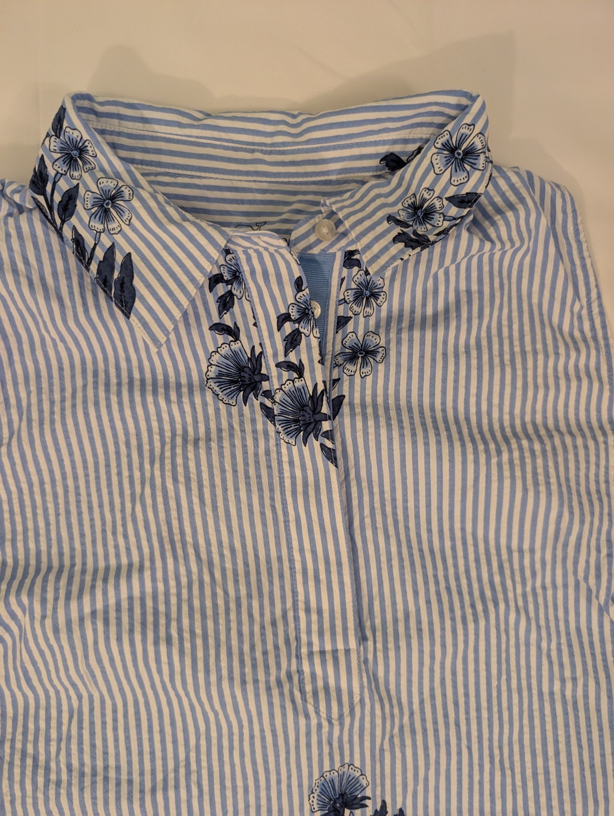 Vineyard Vines Performance Seersucker Dress L Blue White Stripe Floral Nautical
