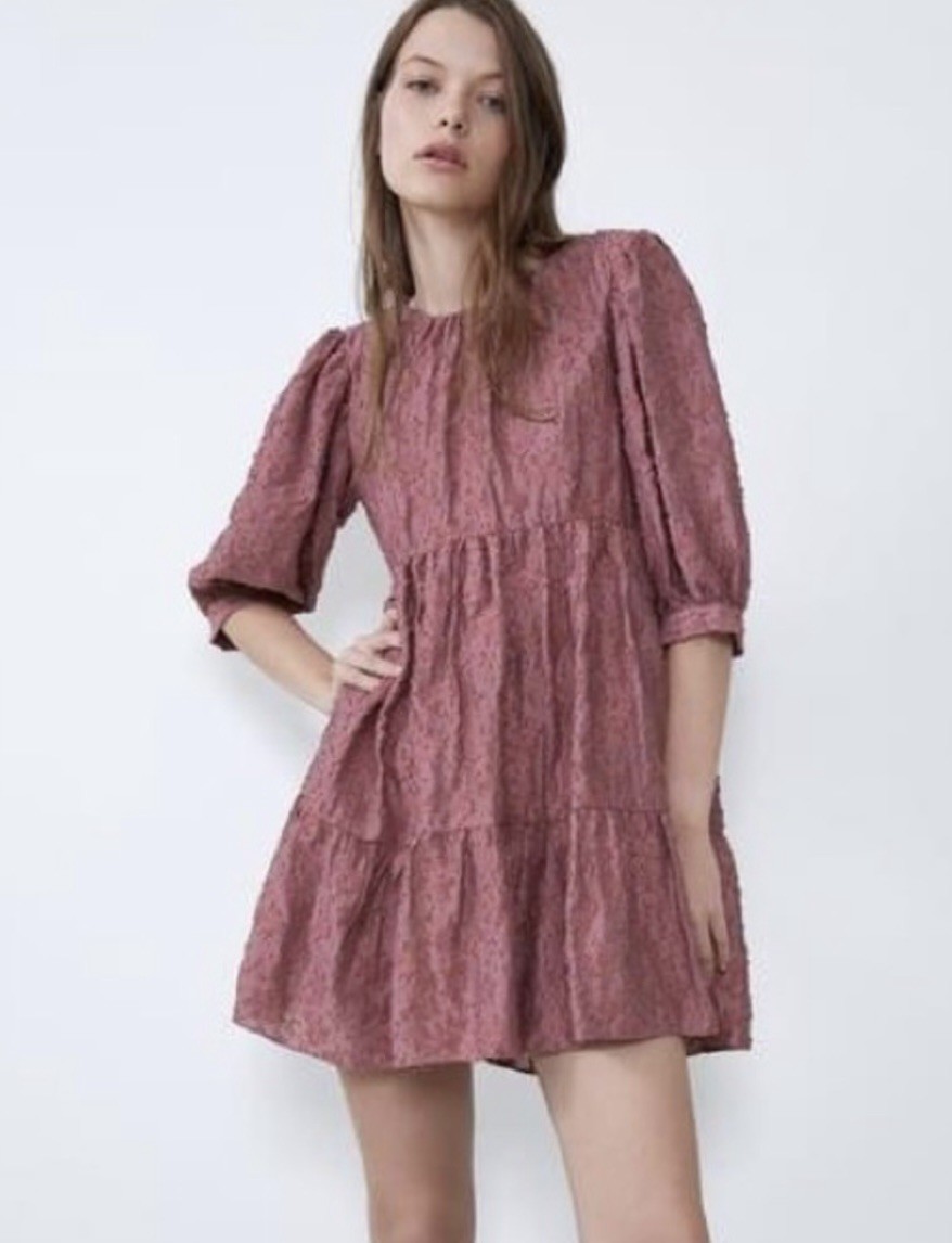 Zara Pink Babydoll Dress Tiered Puffed Sleeves Textured Print side Pocket Sz XL