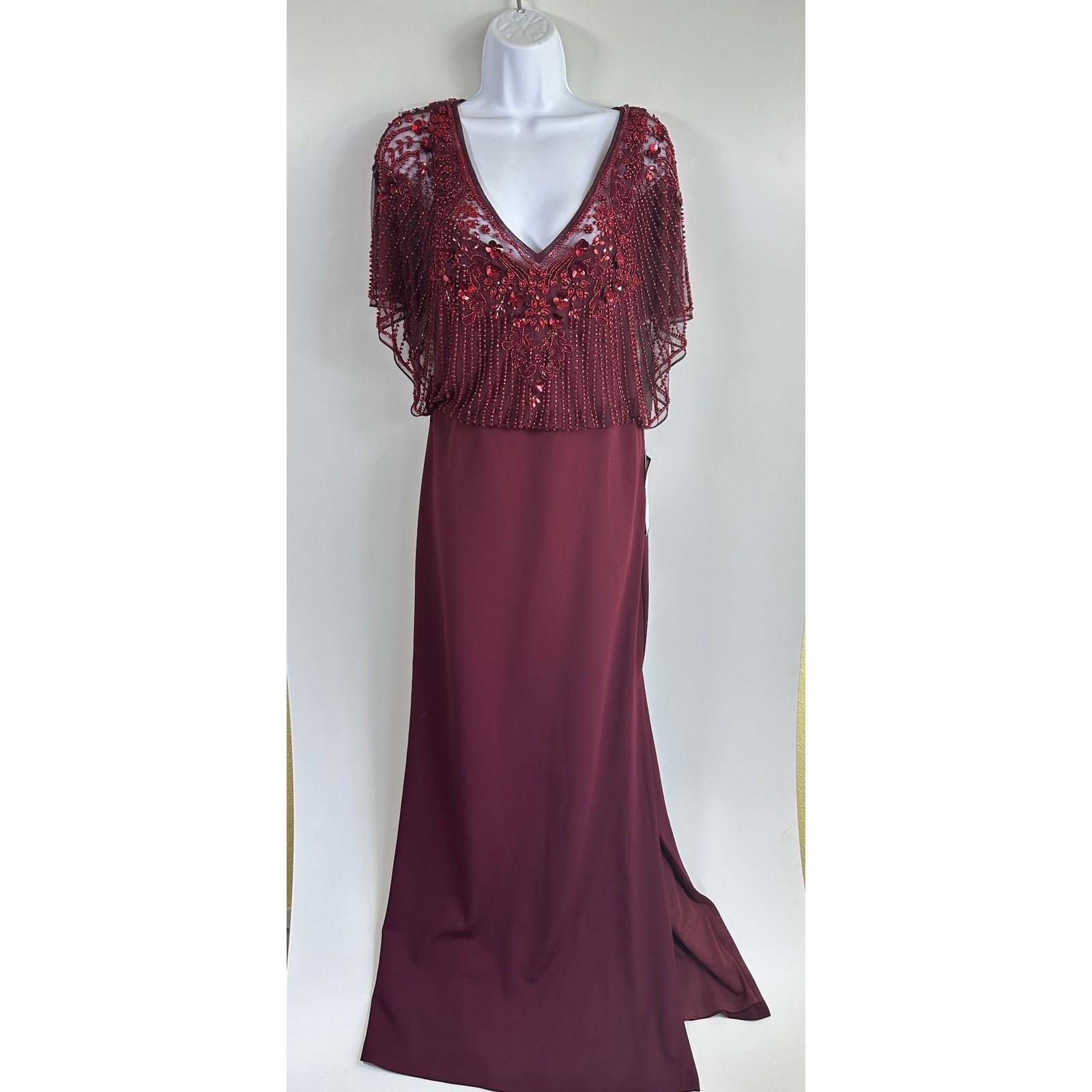 Aidan Mattox Beaded Evening Gown Wine Sequin Capelet Art Deco Old Hollywood Sz10