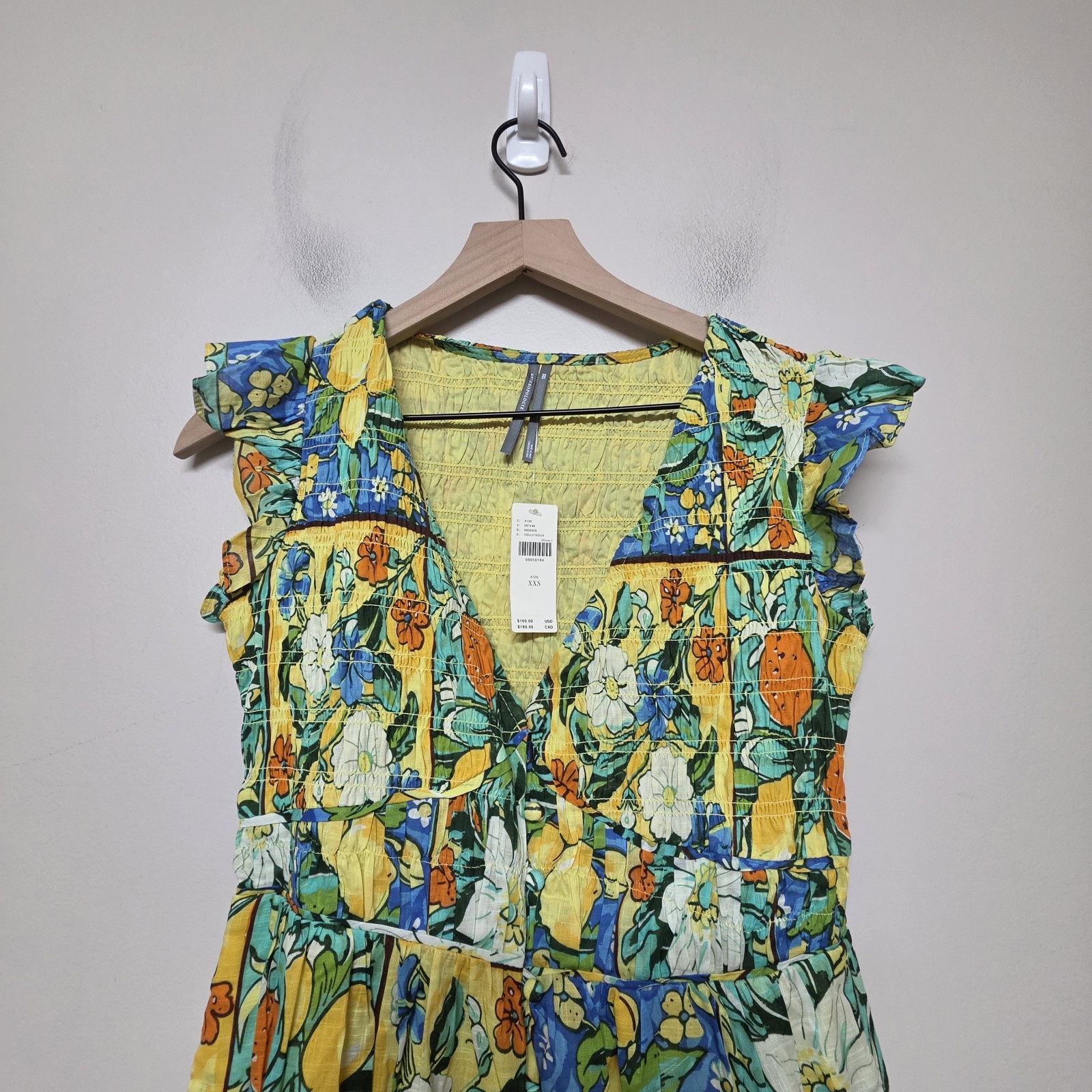 Anthropologie Peregrine Flutter Sleeve Midi Dress Citrus Floral Tile Print XXS