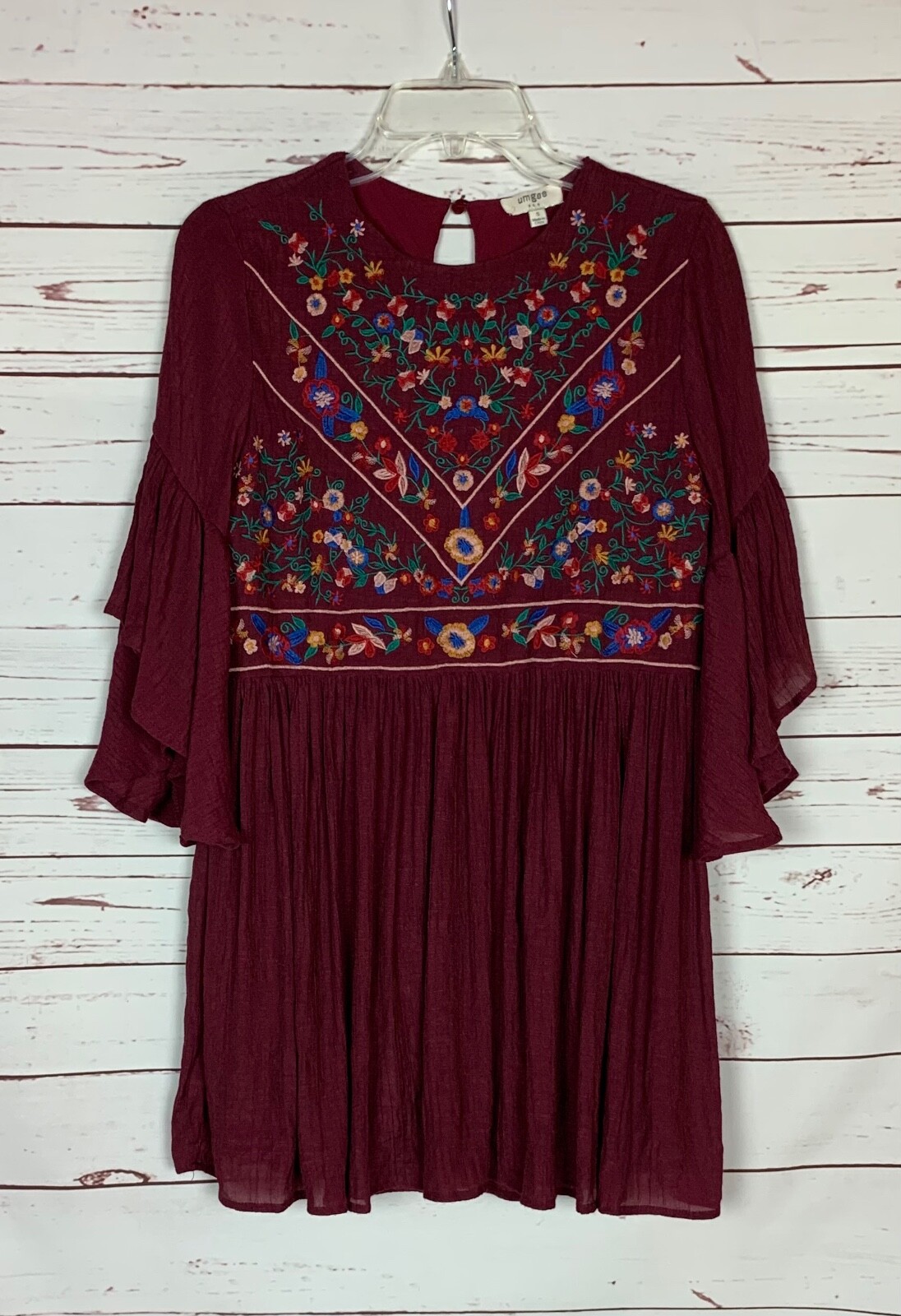 Umgee USA Boutique Women’s S Small Burgundy Floral Embroidered Boho Fall Dress