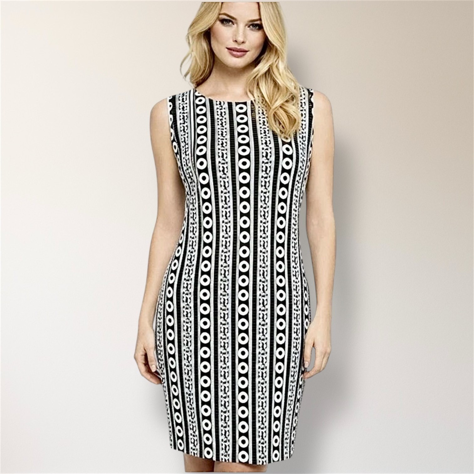 Calvin Klein Embroidered Black White Sleeveless Sheath Dress Office Career Sz 14