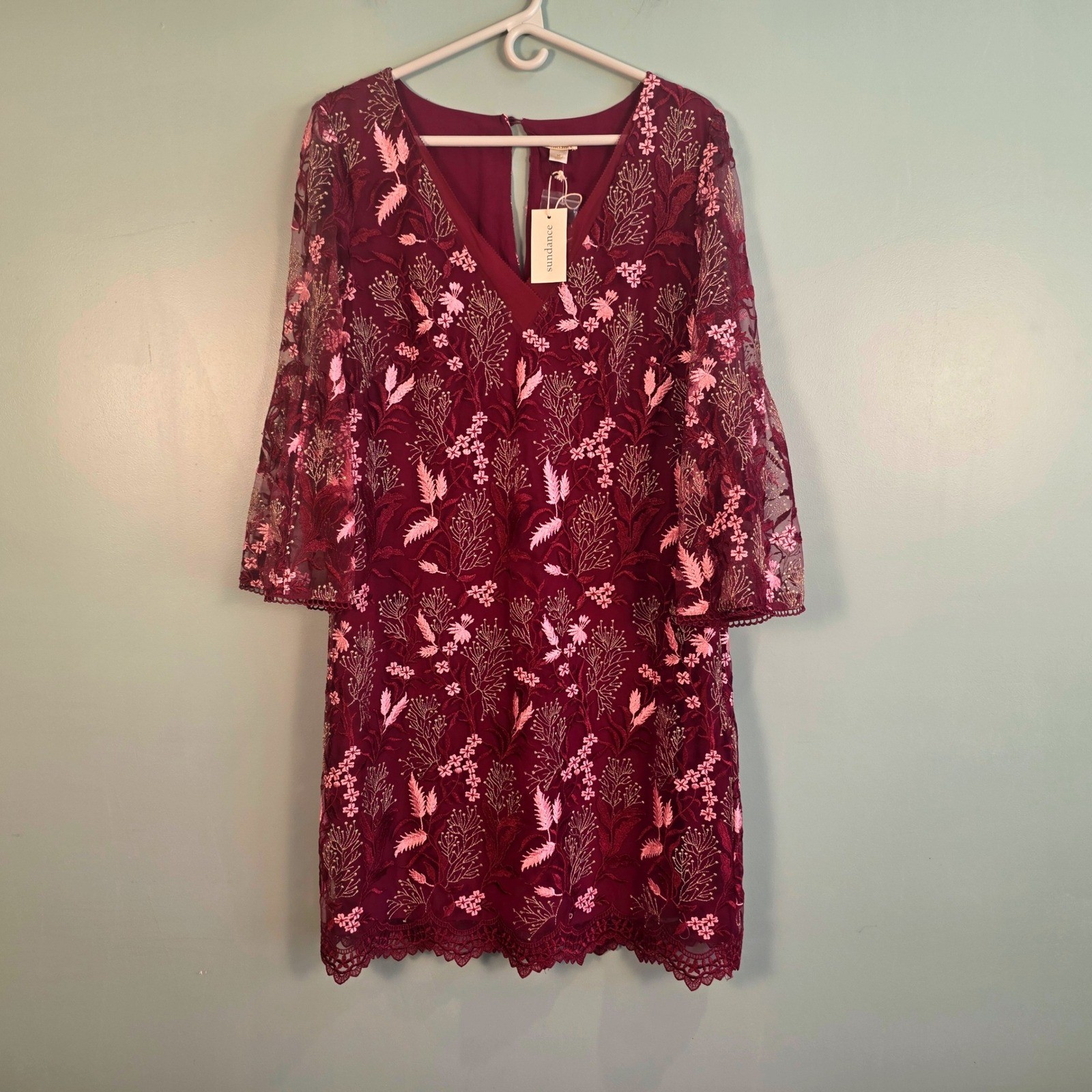 Sundance Burgundy Floral Embroidered Mesh Bell Sleeve Shift Dress NWT Size M