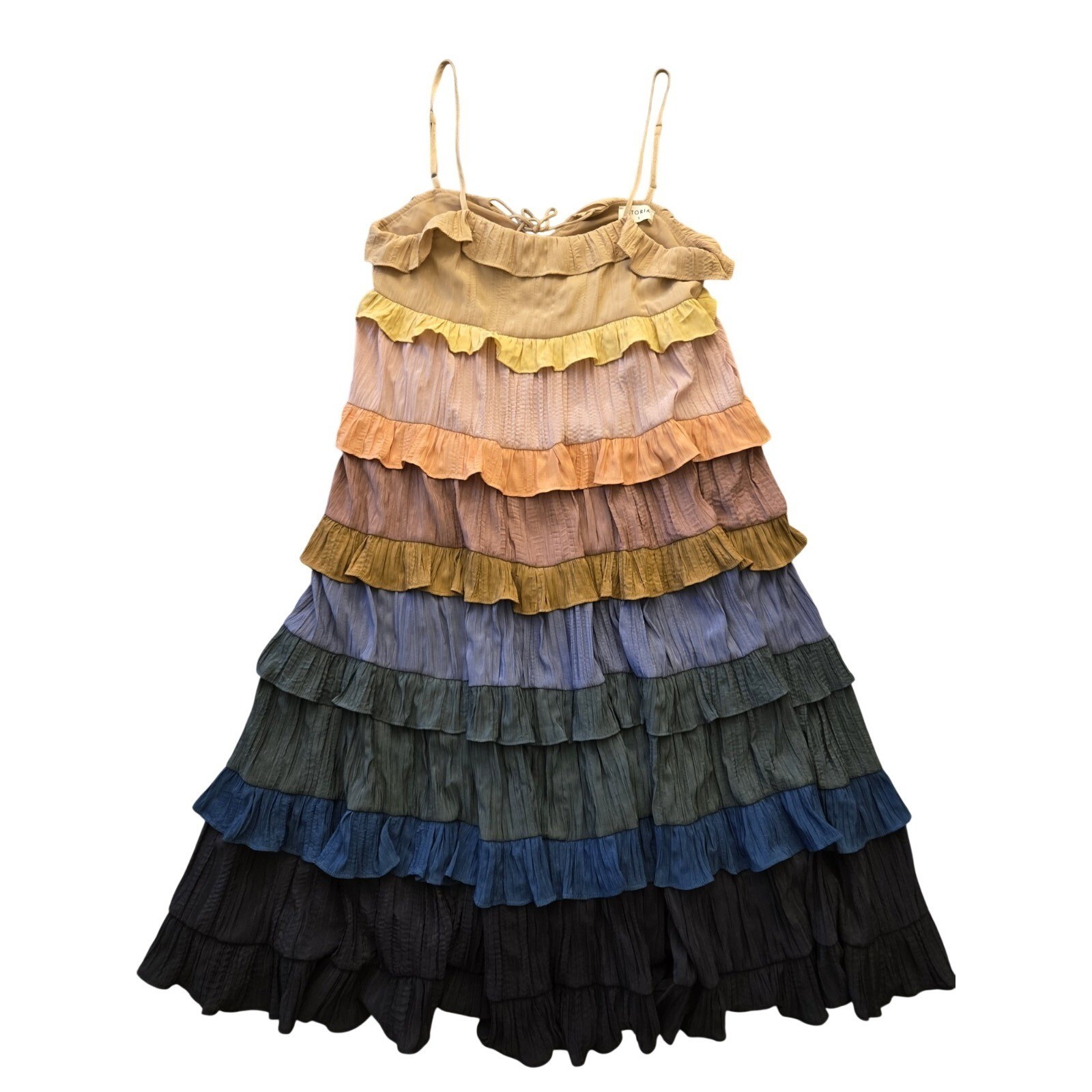 Storia Multicolor Tiered Ruffle Midi Dress Rainbow Boho Summer Crinkle Small