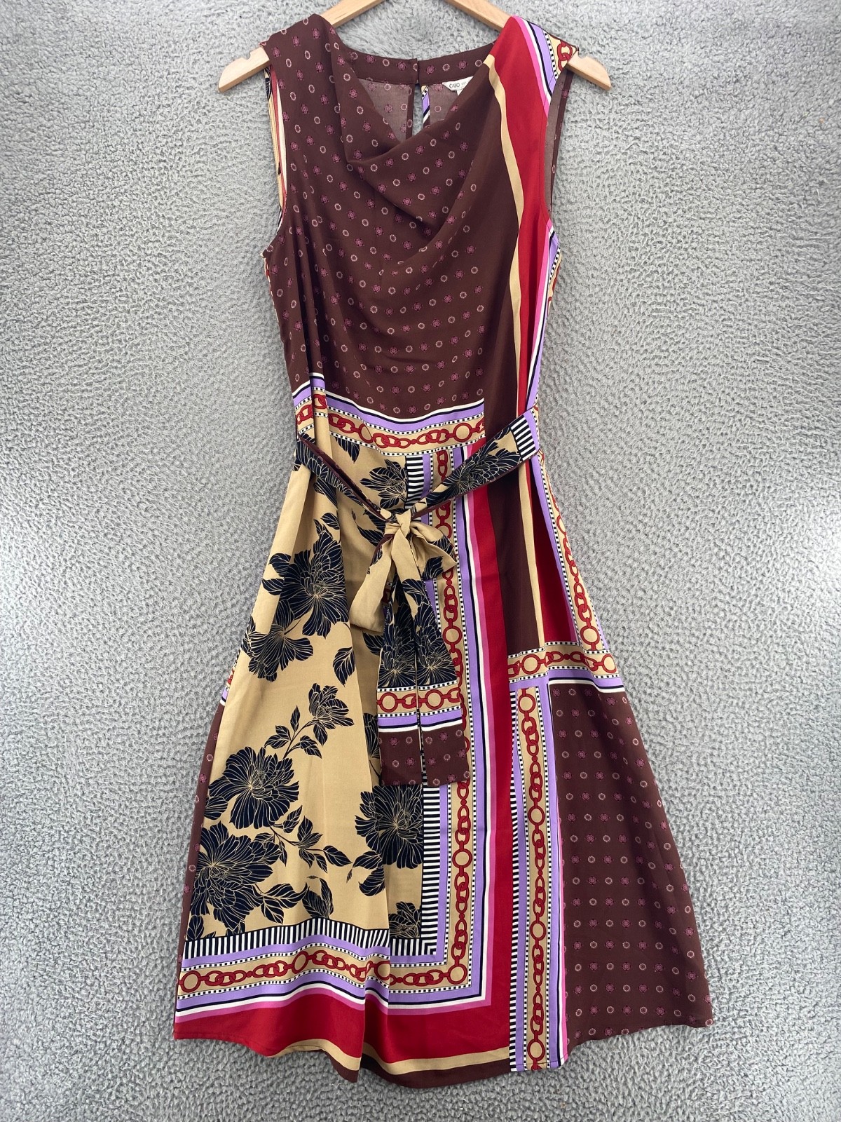 CATO Dress Womens Large Brown Floral Maxi Drape Neck Chiffon Belted Sleeveless
