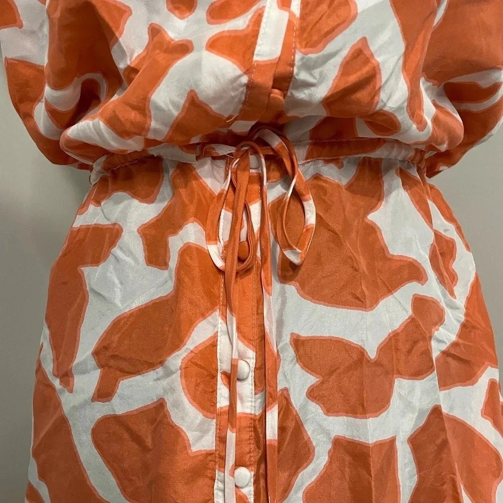 Ann Taylor Loft 100% Silk Coral and White Geometric Ruffle Sleeve Mini Dress