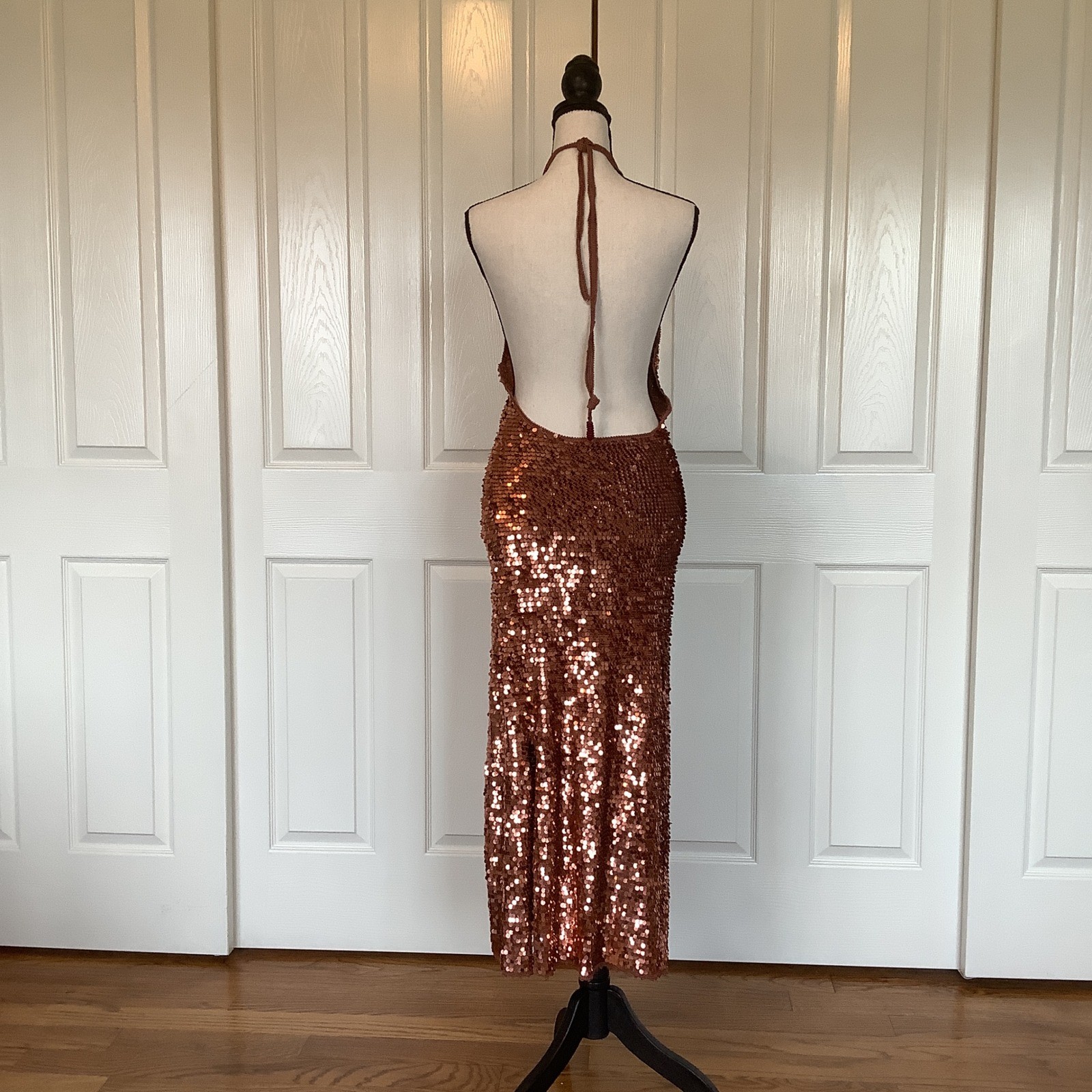 Calypso St Barth Copper Sequin Halter Maxi Dress Open Back Side Slit Size S NWOT