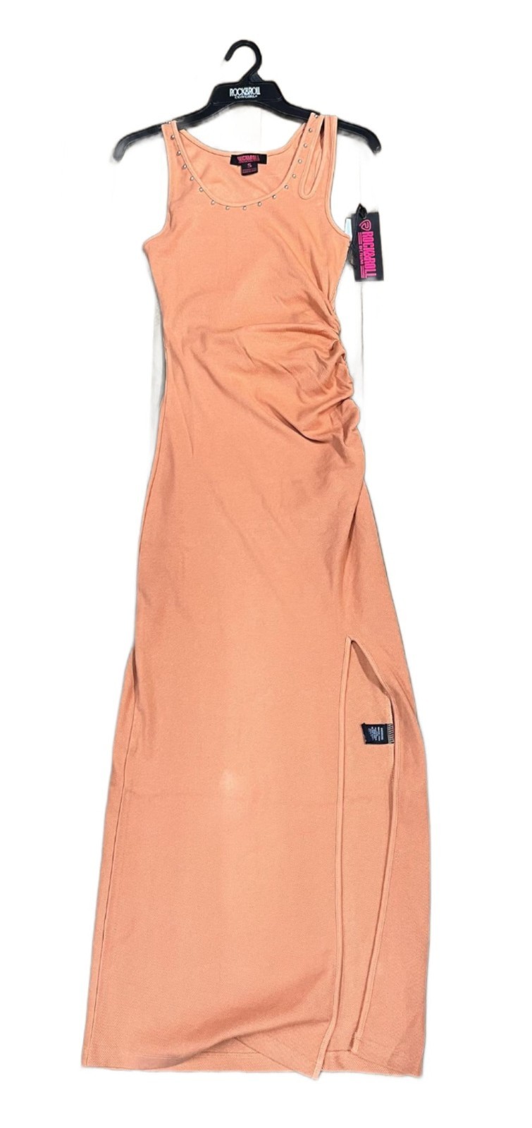 NWT Rock & Roll Denim Womens Rib Knit Maxi Dress Burnt Orange Ruched Studded L