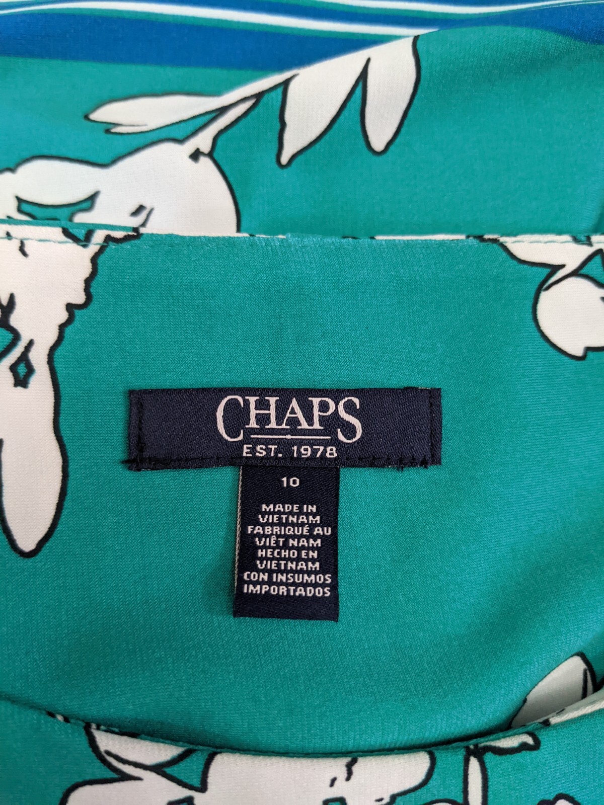 NWT CHAPS Floral Jersey Sheath Dress Green Blue White Stretch Sleeveless Sz 10