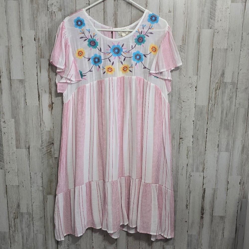 Perch By Blu Pepper White Pink Striped Embroidered Babydoll Dress Plus Size 2XL