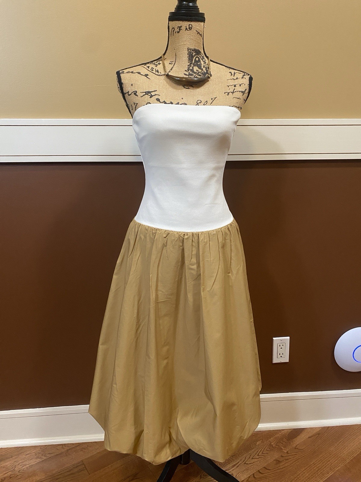 Steve Madden Women Oliver Taupe Strapless Midi Bubble Dress, Size Small, Pockets