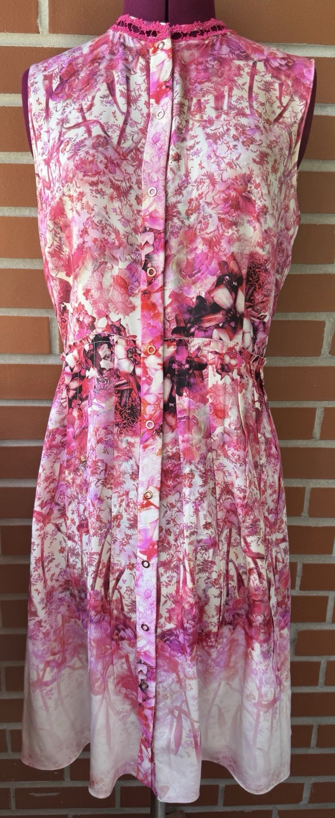 Elie Tahari Sz 8 Pink Silk French Countryside Midi Fit Flare Floral Button Dress