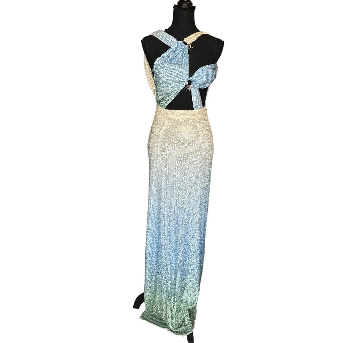 Meltem Ozbek Blue Sequin Gown SIZE 6 Cutout Ombre Formal Slit Designer $750 NEW