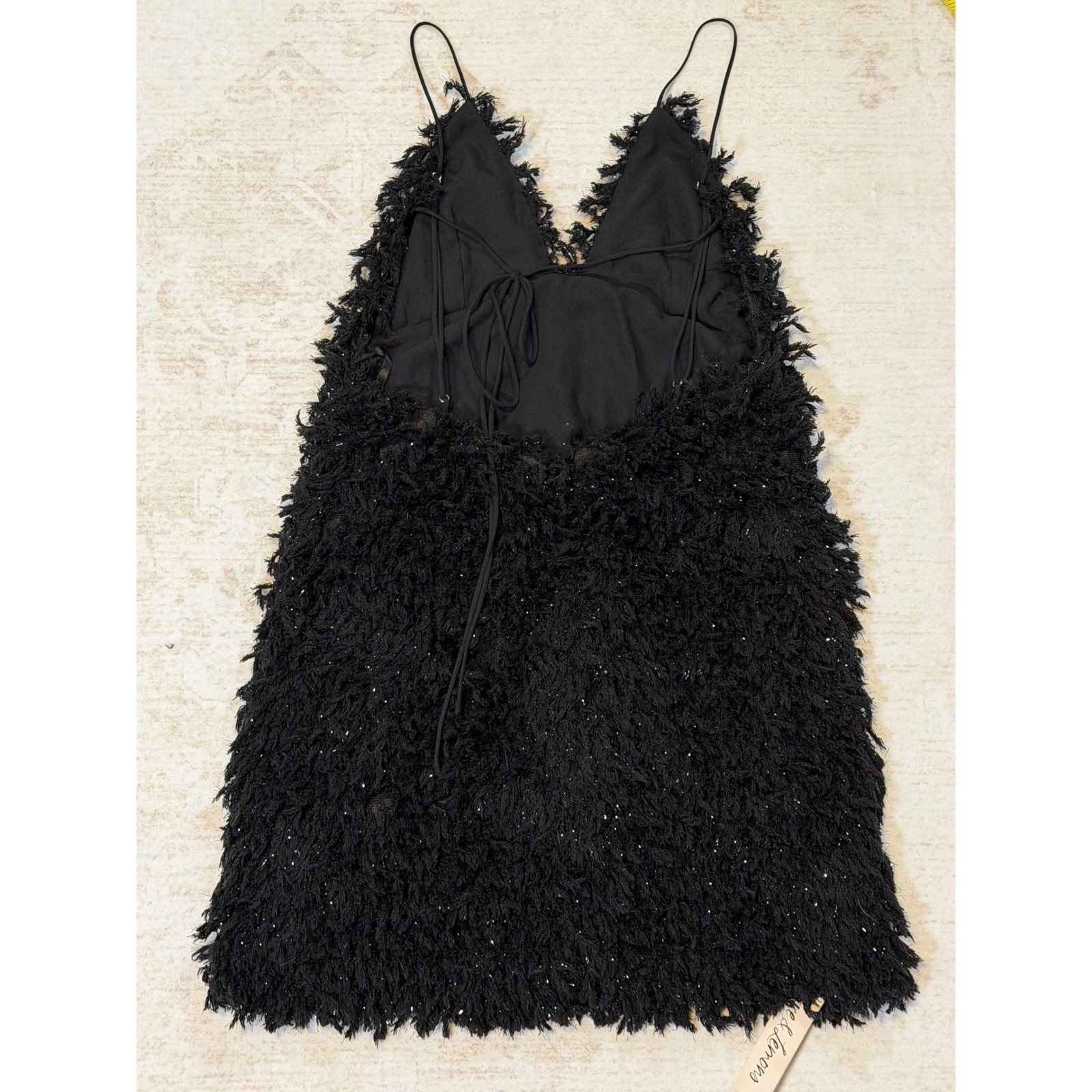 For Love & Lemons Black Shaggy Tinsel Mini Dress Backless Party Womens Medium