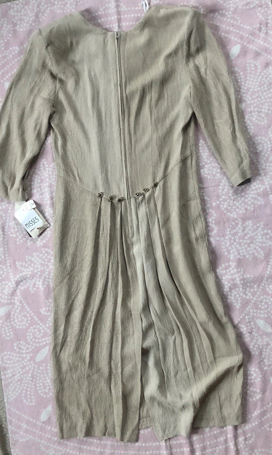 Vtg Impulsive Sand Beige Crepe Long Slv Dress Buttons Shoulder Pads Lux Coastal