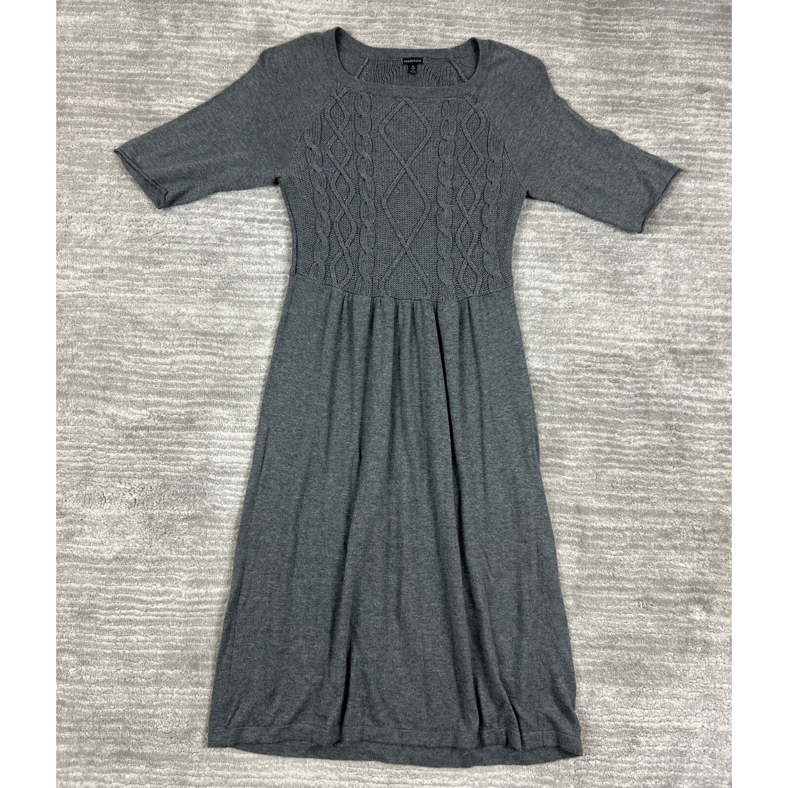 Madison Sweater Dress Women Small Gray Cable Knit Empire Waist Short Sleeve Knee