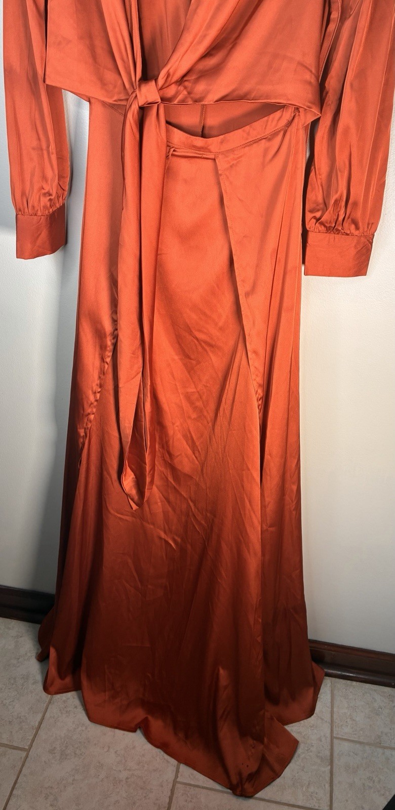 Fashion Nova Orange Satin V-Neck Wrap Maxi Dress Tie Waist Long Sleeve M NWT