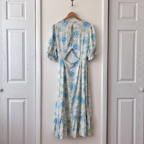 Miss Selfridge Allover Floral Print Cutout Back Wrap Midi Dress Blue Size 12