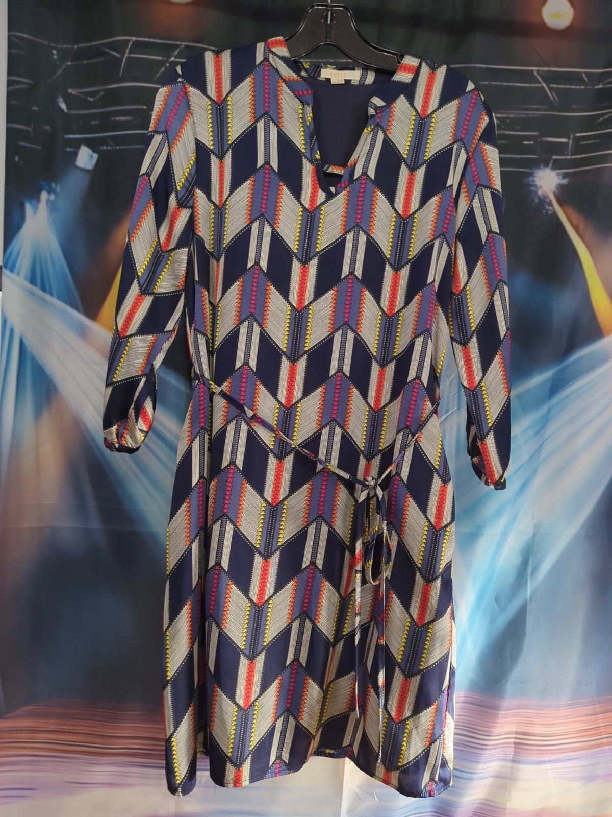 Tulle Brand Size M Multicolored Geometric Print Cottage Dress Lined Tie Waist