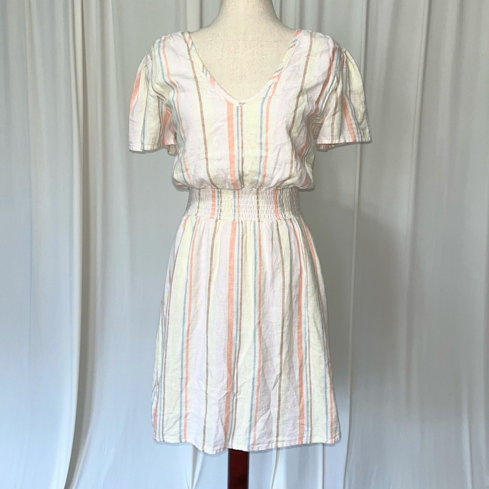 Bobi Los Angeles Pastel Striped Linen Blend Smocked Mini Dress Size Small