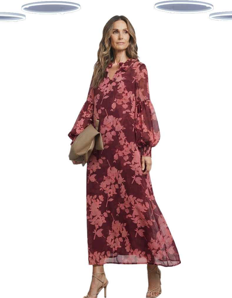 Ex JD Williams Burgundy Floral Print Frill Collar Maxi Dress Sheer Womens