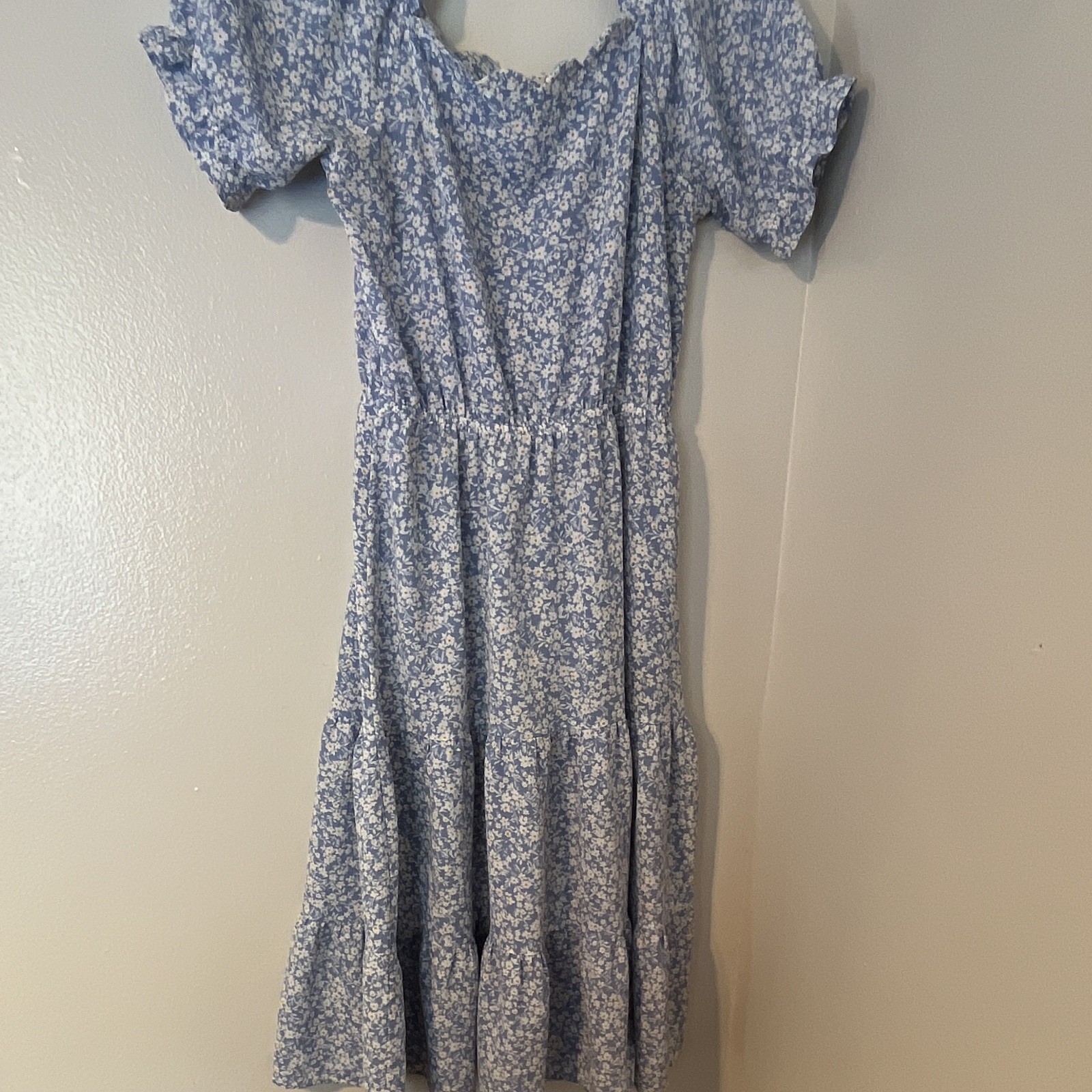 Monteau Blue White Floral Smocked Puff Sleeve Midi Dress Square Neck Cotton M