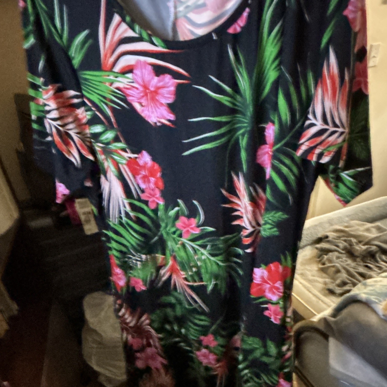 Women’s Black Tropical Floral Maxi Dress, Short Sleeve Round Neck Pullover L