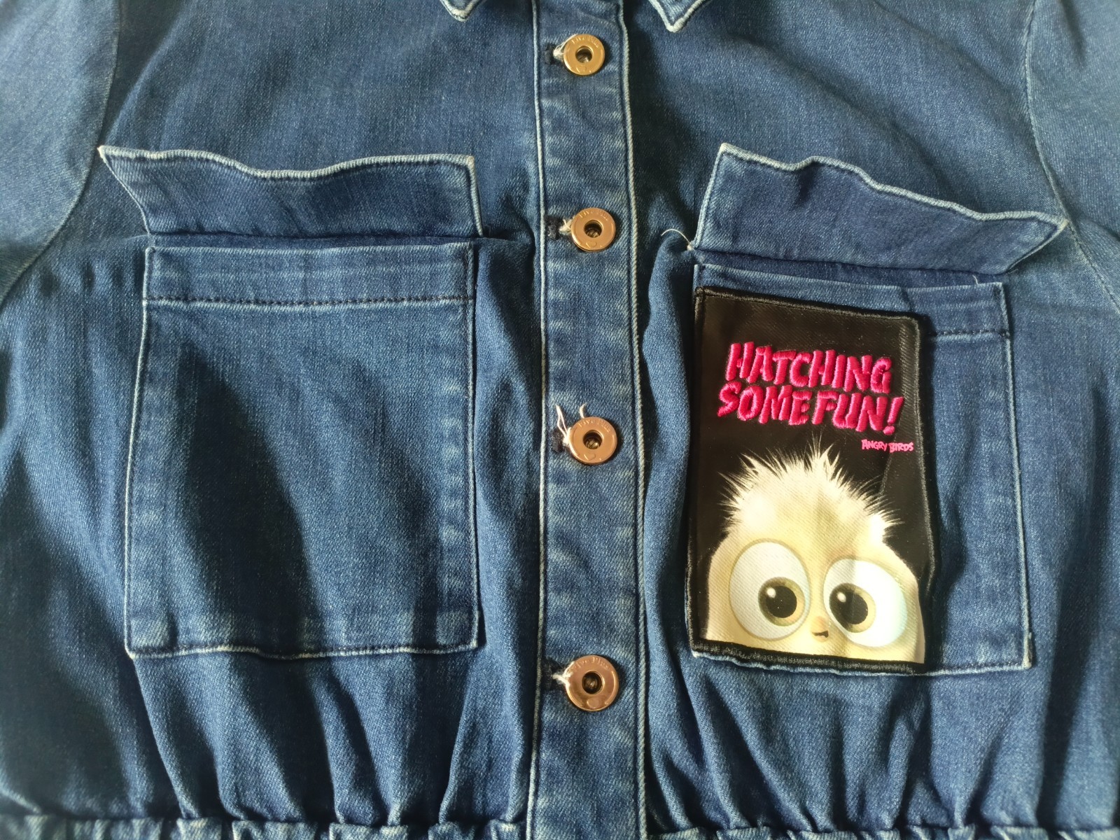 Five Plus Angry Birds Jeans Dress Denim Button Front Midi Utility Dress Size