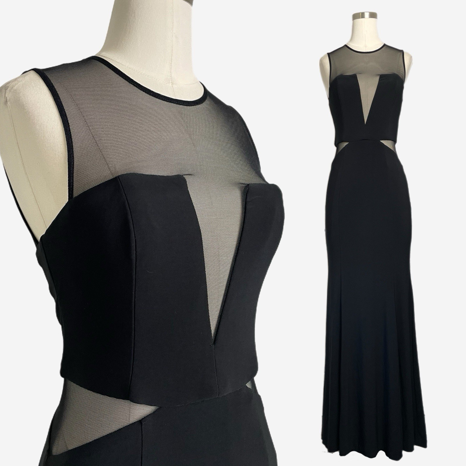 Caché Black sleeveless illusion paneled cut out sheer mermaid maxi gown formal 2