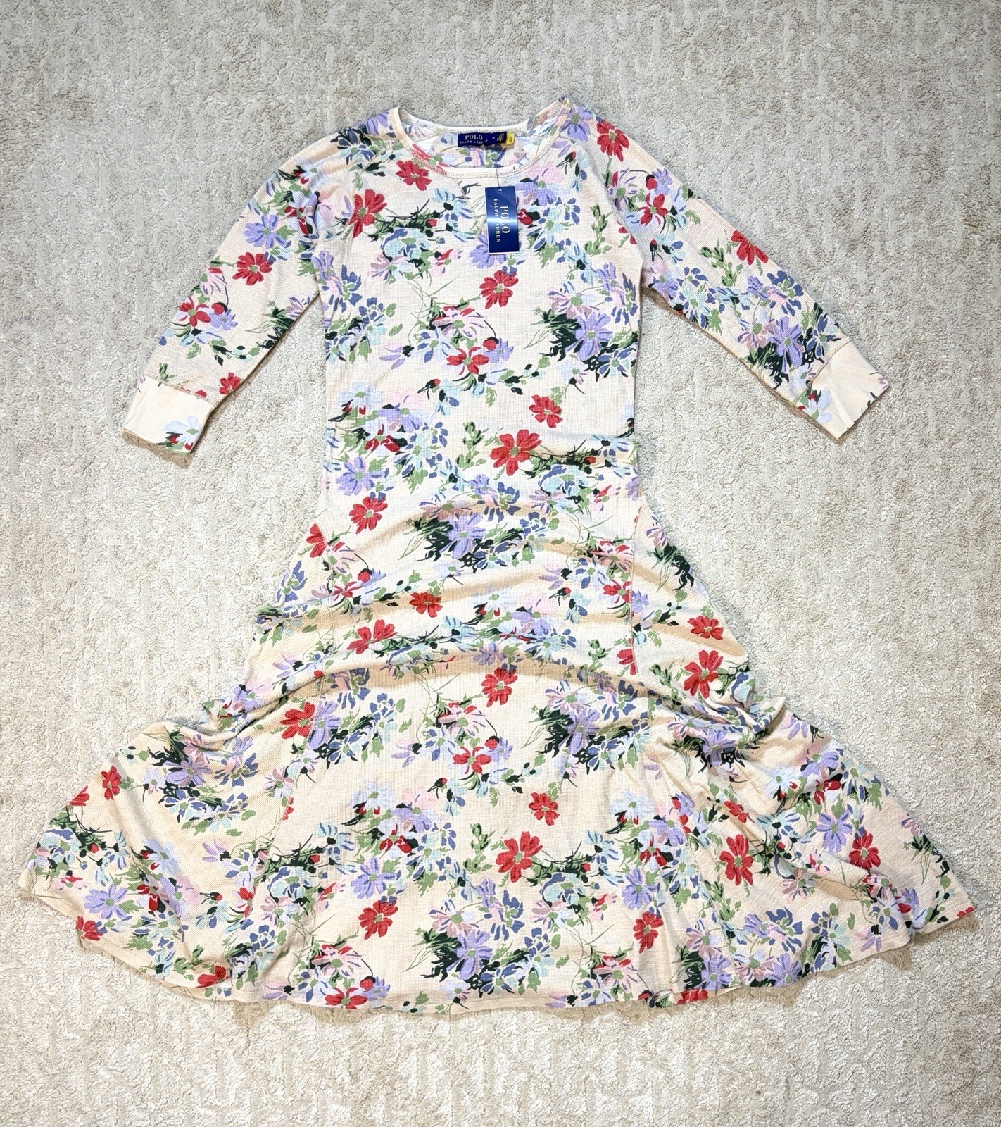 NWT Polo Ralph Lauren Floral Waffle Knit Cotton Maxi Dress Ivory Pink Blue Sz M