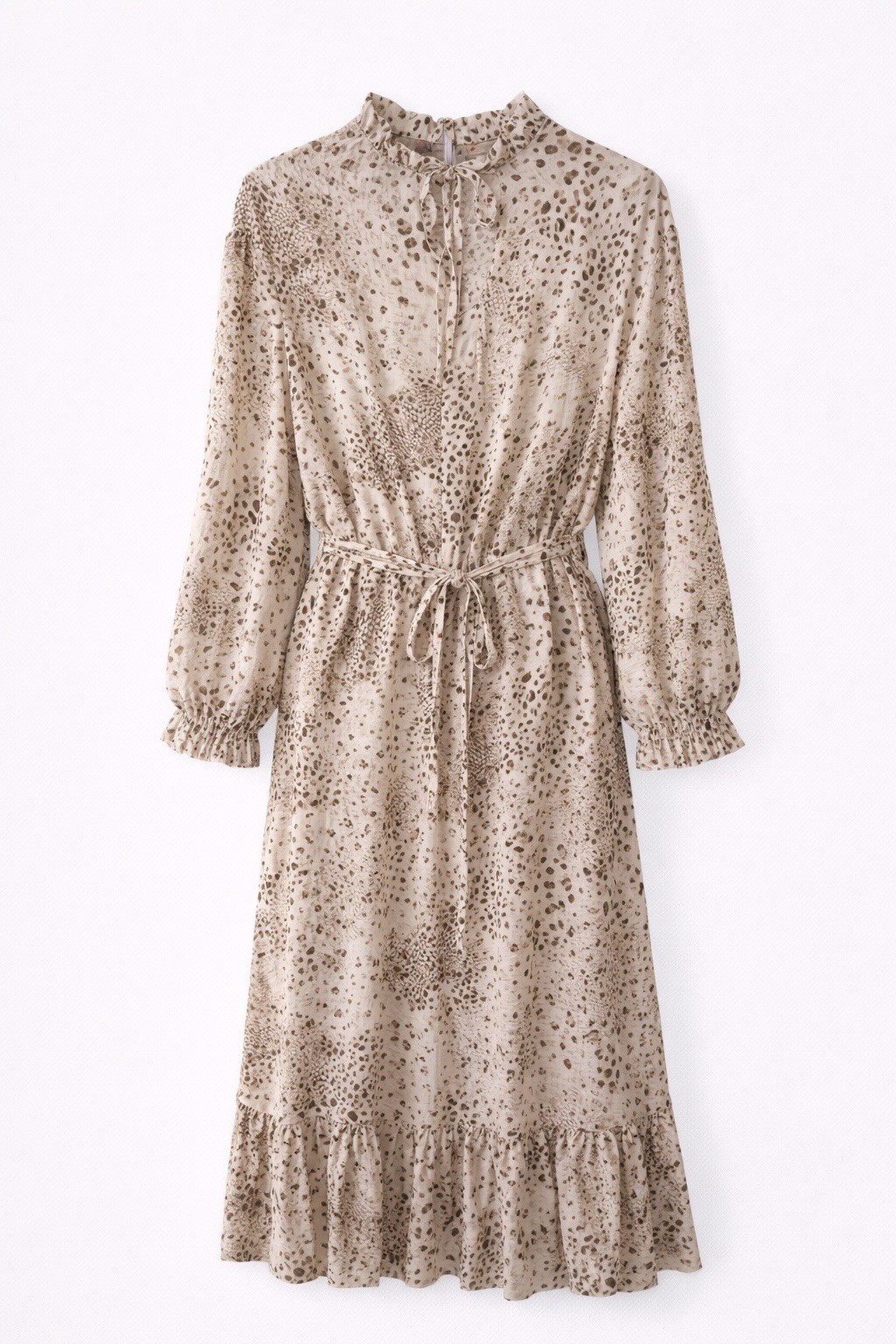 Beige Brown Animal Print Ruffle Tie Waist A-Line Dress Women