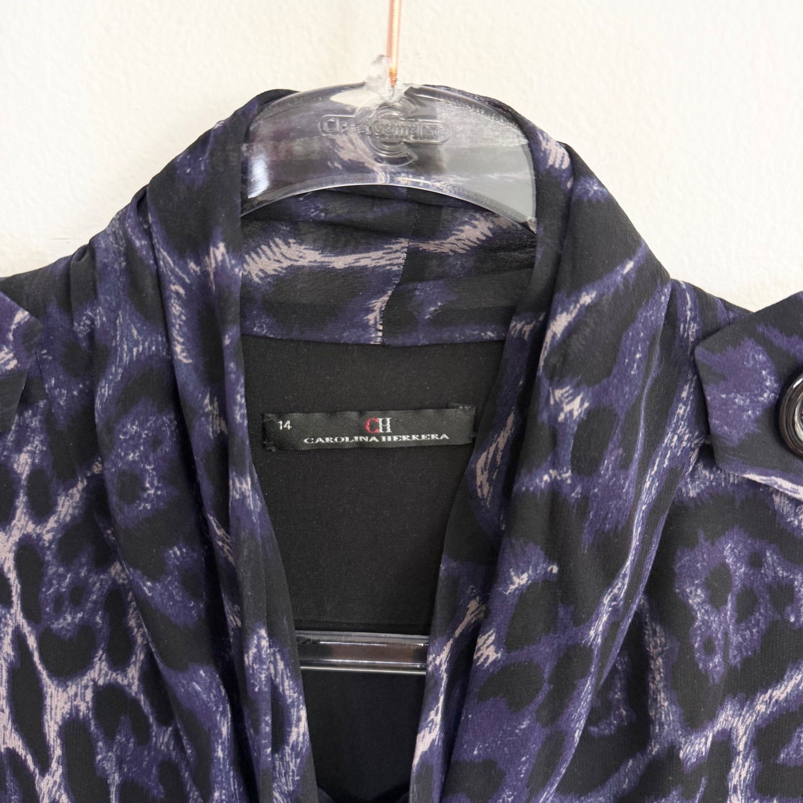 Carolina Herrera Silk Leopard Print Tie Neck Sheath Dress Purple Black Size 14